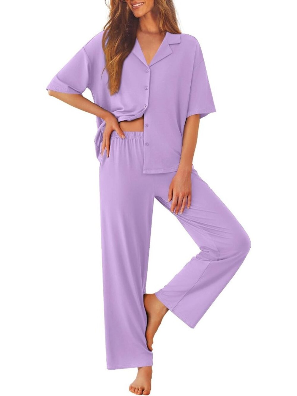 Women Light Purple Notch Lapel Short Sleeve Shirt Sleepwear w/ Long Pajamas Set